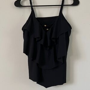 Time and Tru Black and Gold Ruffle Swimsuit Top